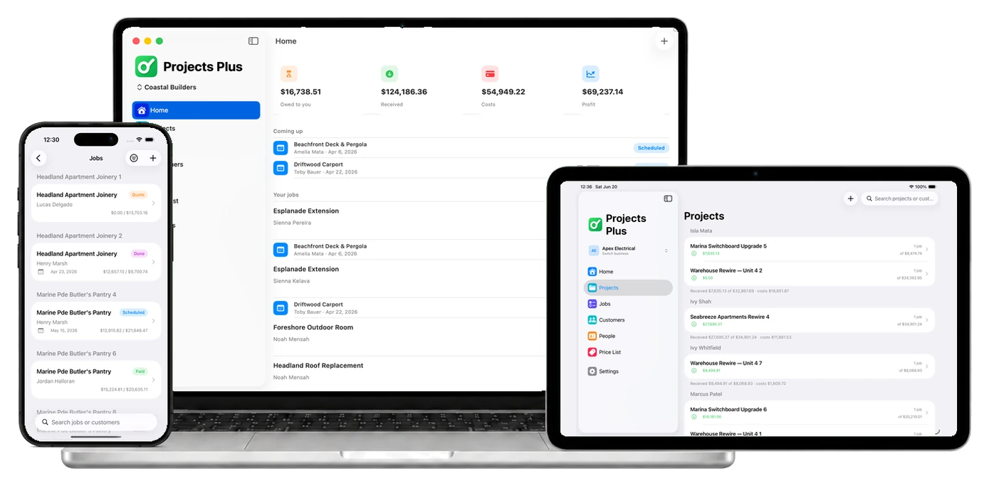 Projects Plus shown on MacBook, iPhone and iPad — job dashboard, jobs list and projects with money in, money out and profit for a trades business