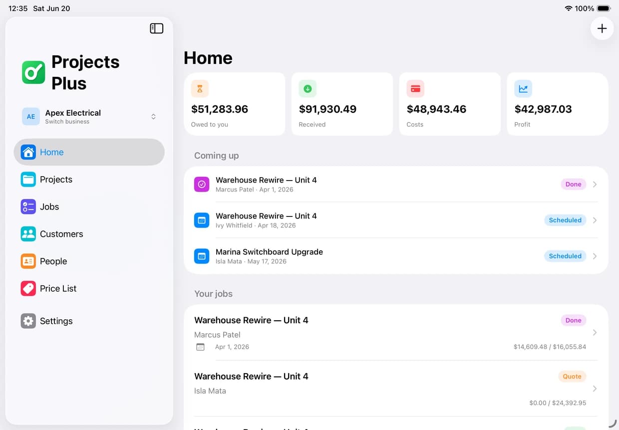 Projects Plus on iPad showing a business dashboard with money in, money out and recent activity