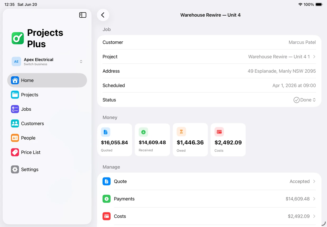 Job detail on iPad in Projects Plus showing the money summary and quote for an electrical job