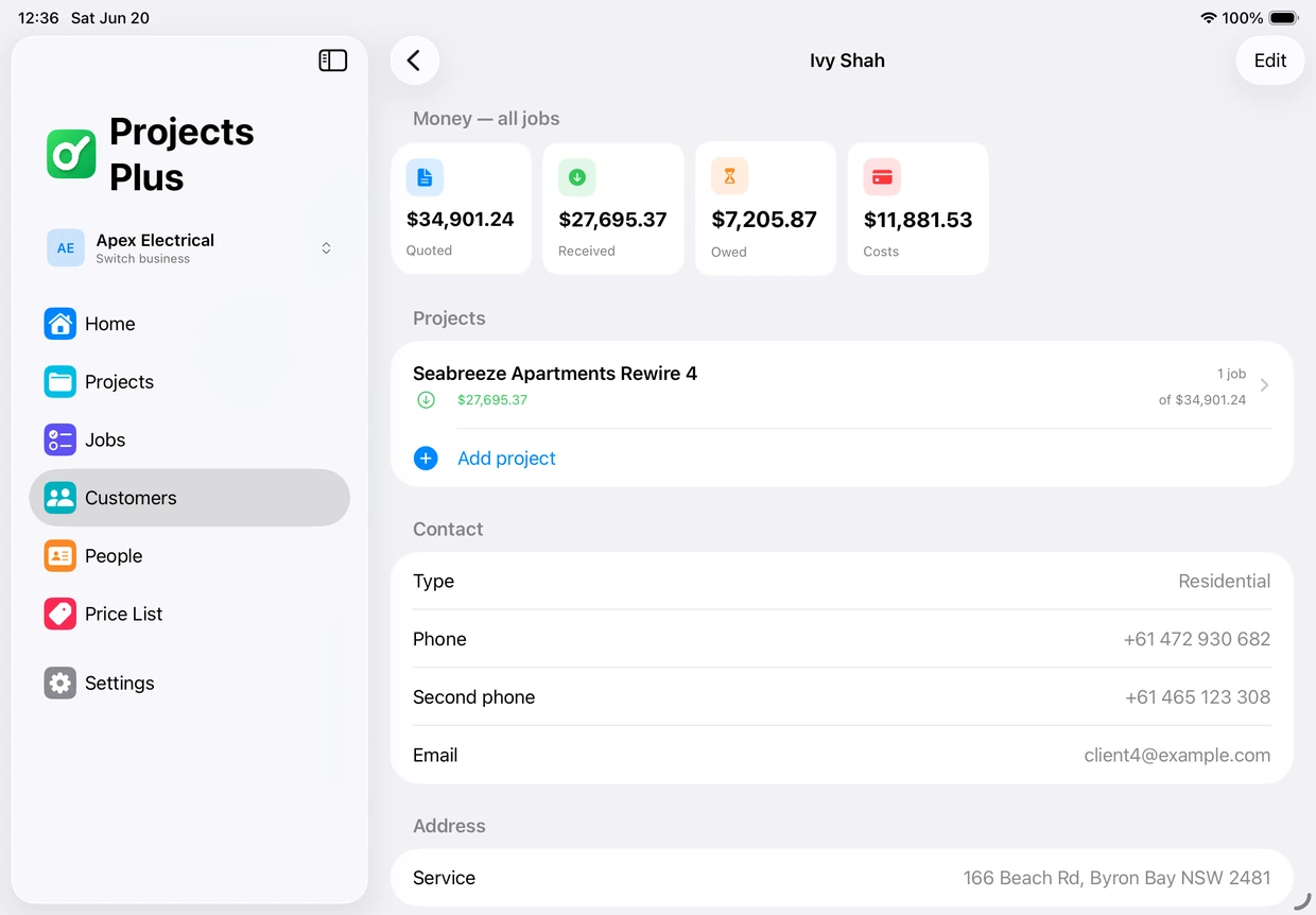 Payment and cash-in tracking for a job on iPad in Projects Plus