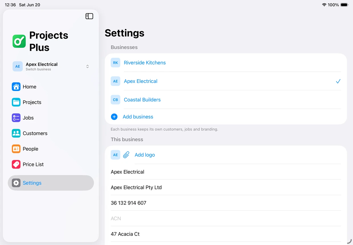 Settings on iPad in Projects Plus showing several businesses managed from one account