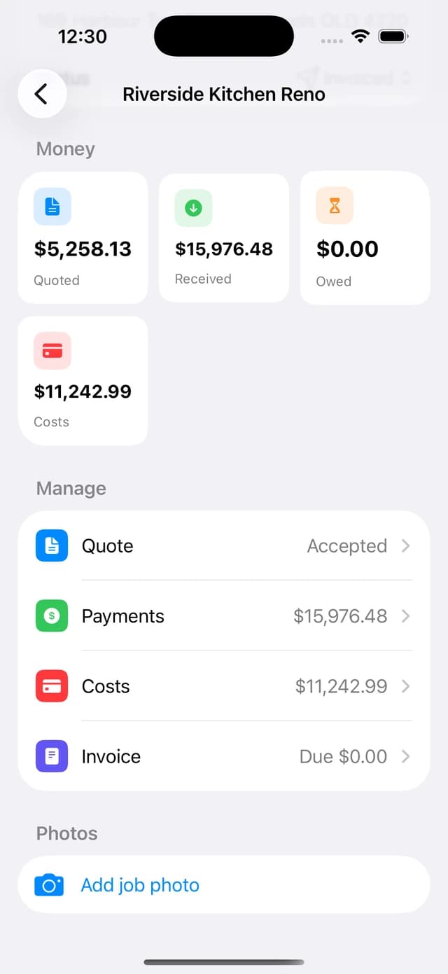 Managing a job in the Projects Plus iPhone app — quote, payments, expenses, invoice and photos together