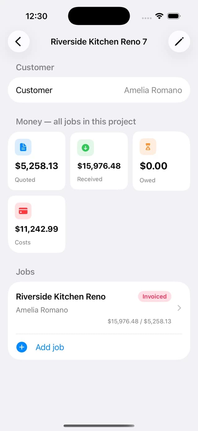 Project money summary in Projects Plus on iPhone — quoted, received, owed and costs across every job