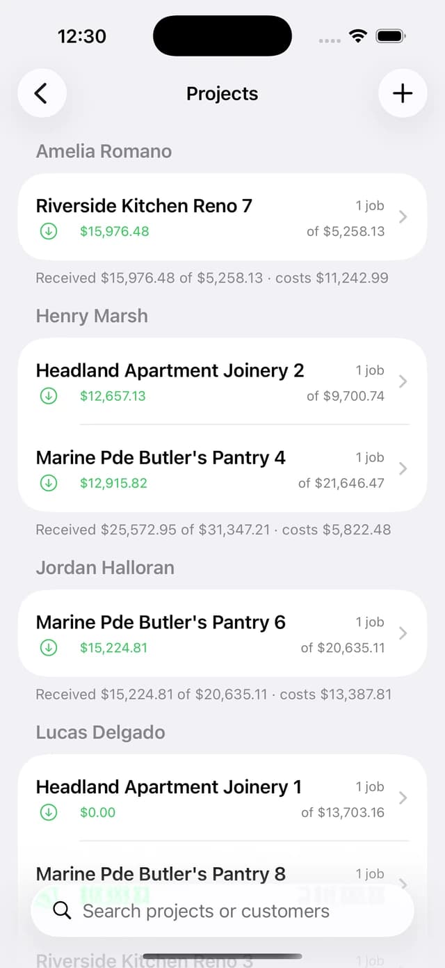 Project list in the Projects Plus iPhone app showing active renovation projects and their value