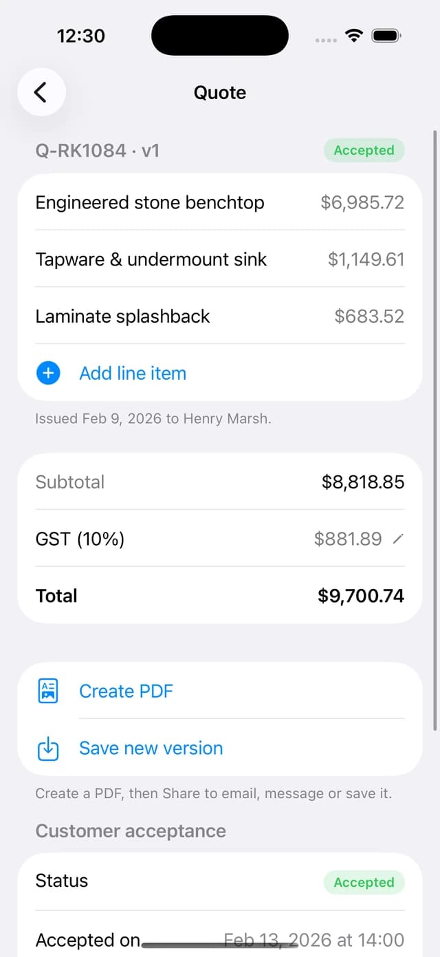 Editable quote in the Projects Plus iPhone app with line items, GST, total and customer acceptance