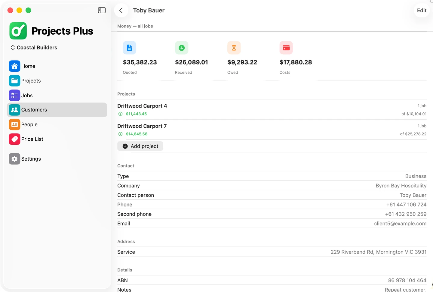 Customer record in the Projects Plus Mac app with company, contact, phone, email, address and ABN