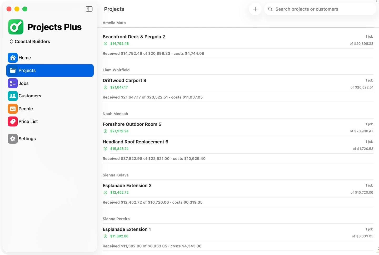 Project list in the Projects Plus Mac app for a construction business