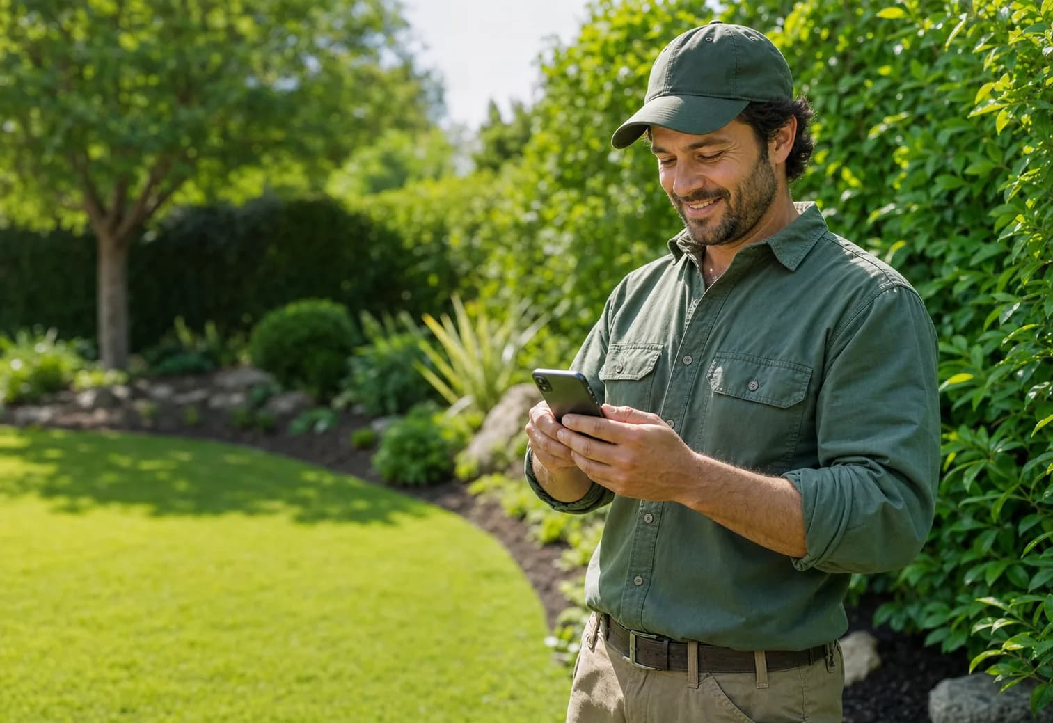 A landscaper smiling while using the Projects Plus app on his phone in a lush green garden — quoting a job and tracking expenses on site