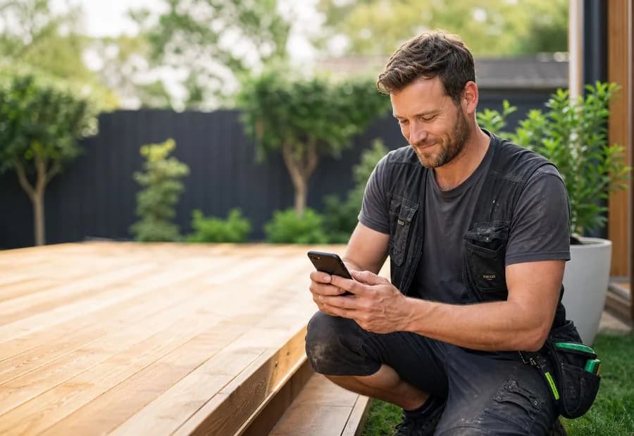 A carpenter using the Projects Plus app on his phone on a newly built timber deck to manage the job