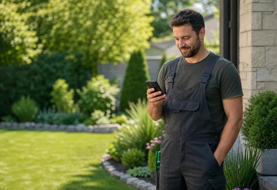 A landscaper using the Projects Plus app on his phone in a manicured garden to quote a job and track expenses